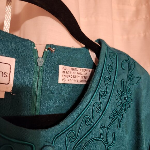 💚 VTG Karin Stevens Teal Skirt Suit Set Embroidered Shoulder Pads 💼 - Picture 4 of 8